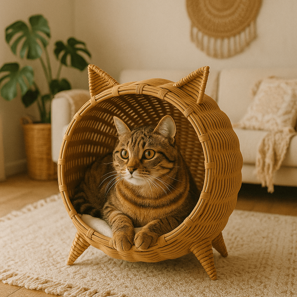 chat tigre dans panier chat osier design chat confortable respirant