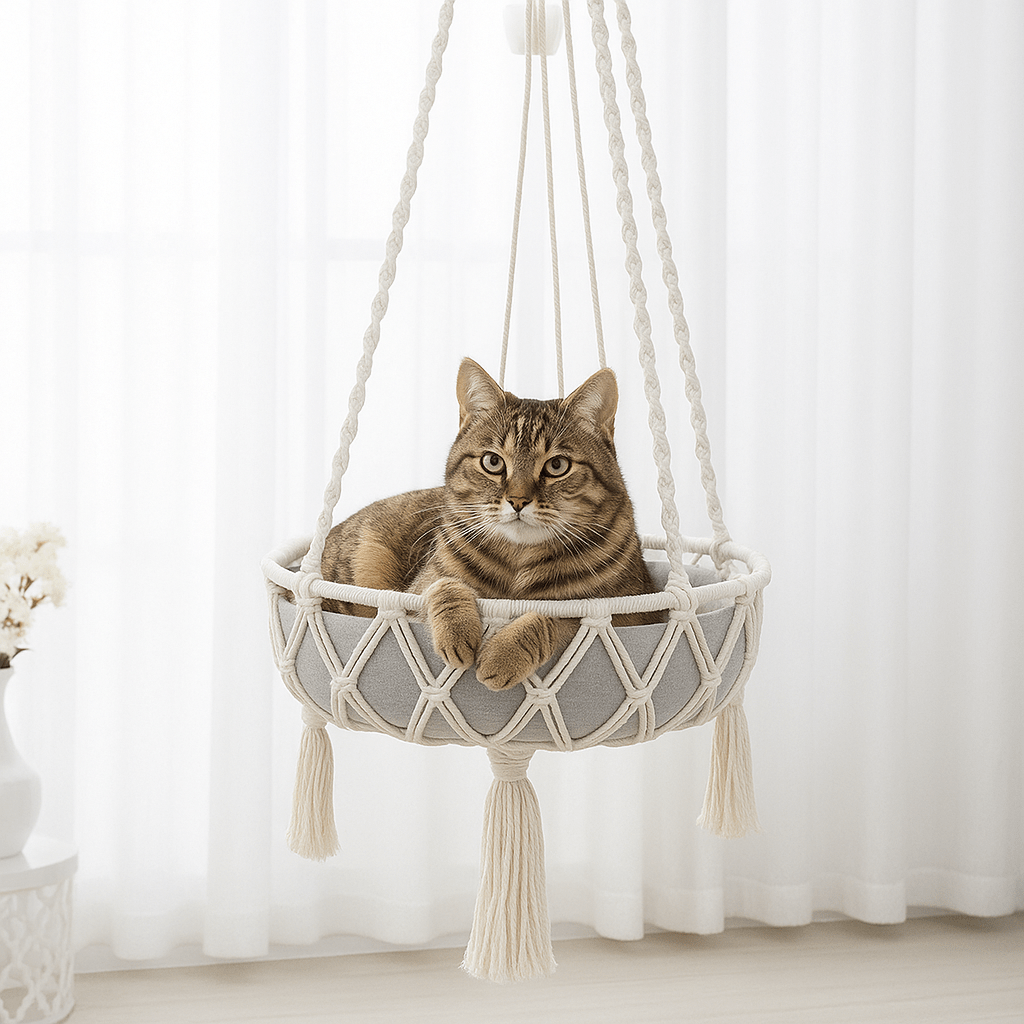 chat tigre dans son hamac pour chat suspendu confortable