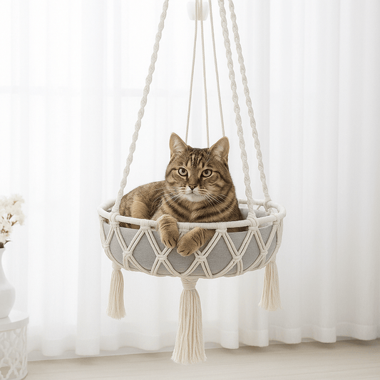 chat tigre dans son hamac pour chat suspendu confortable