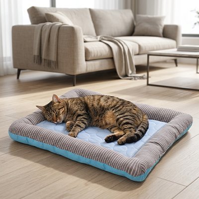 chat tigre dormant sur tapis rafraichissant chat bleu