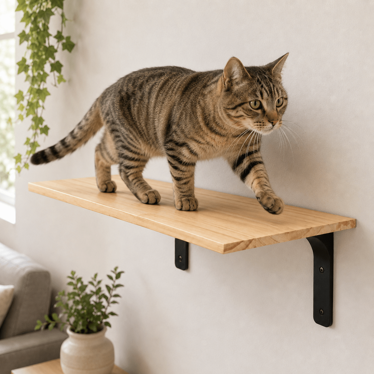 chat tigre marchant sur tablette murale bois stable