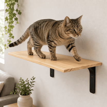 chat tigre marchant sur tablette murale bois stable