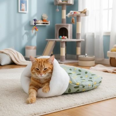 chat tigre orange dans lit pour chat confortable design avocat