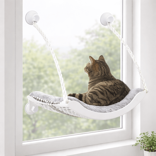 chat tigre regardant exterieur dans hamac pour chat fenetre blanc