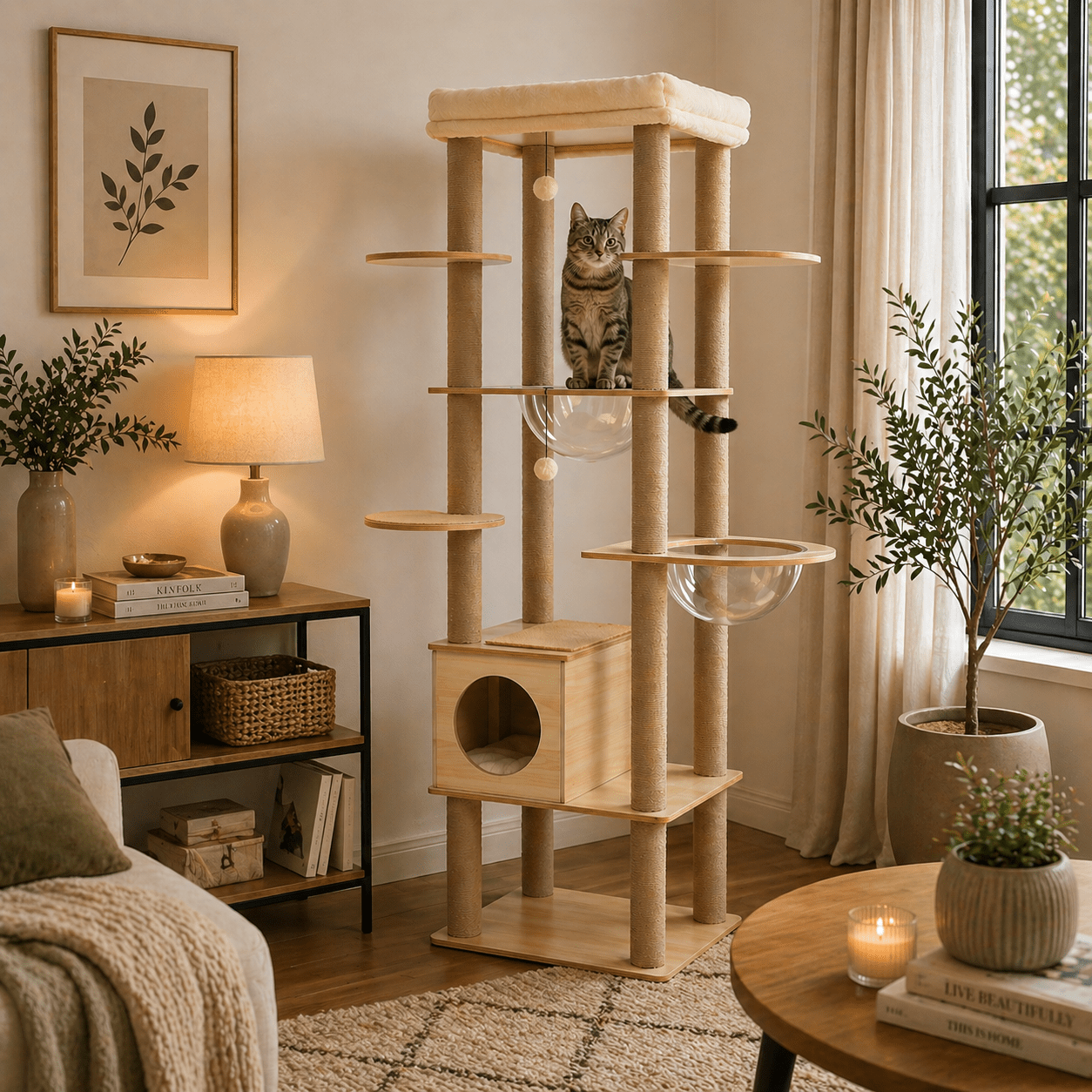 chat tigre sur arbre a chat scandinave compact plusieurs niveaux bois