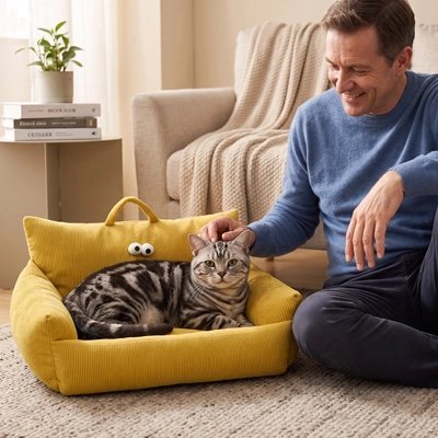 chat tigre sur petit canape chat jaune moutarde