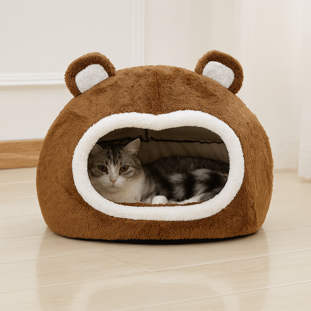 chaton allonge dans niche chat design ours brun doux confortable