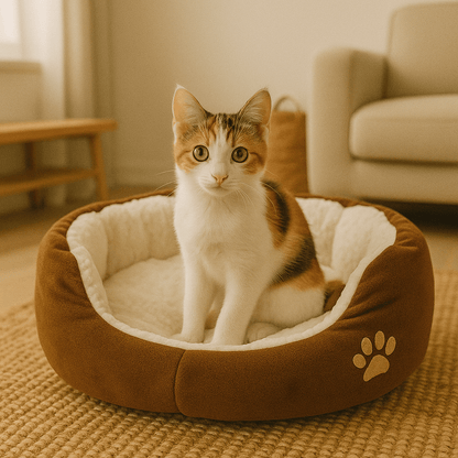 chaton assis dans chat panier rond doux brun motif patte