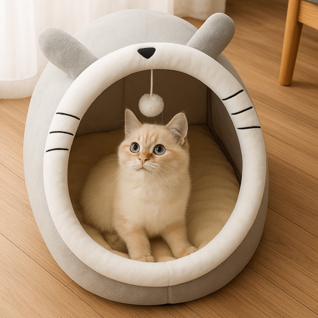 chaton beige dans niche pour chat gris confortable design chat