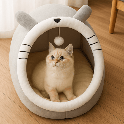 chaton beige dans niche pour chat gris confortable design chat