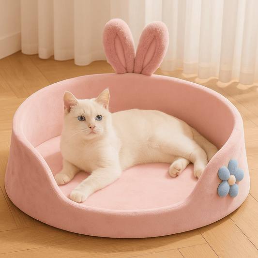 chaton blanc dans chat panier rose rond doux fleur oreille lapin