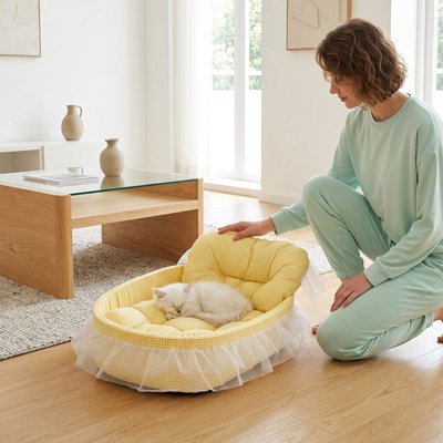 chaton blanc dormant dans panier chat design lit jaune