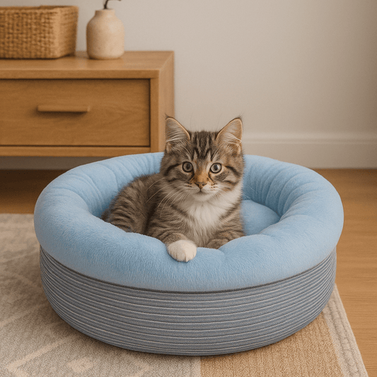 chaton dans coussin pour chat rond douillet doux bleu