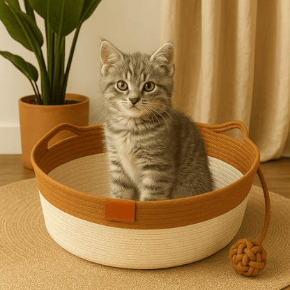 chaton dans panier chat osier oreilles chat rond marron avec balle
