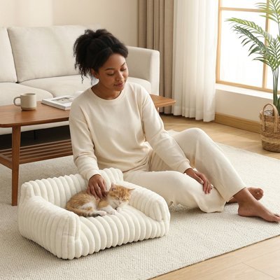 chaton dormant confortablement sur petit canape pour chat blanc
