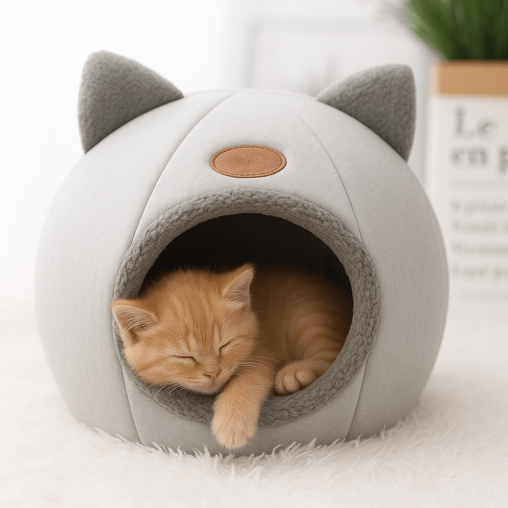 chaton dormant dans niche pour chat design chat gris confortable