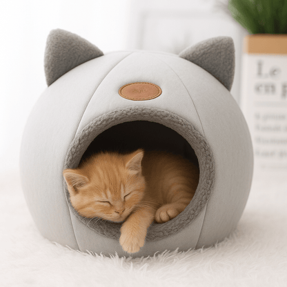 chaton dormant dans niche pour chat design chat gris confortable