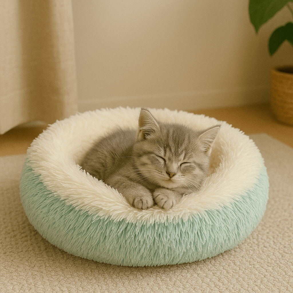 chaton gris dans coussin à chat rond turquoise doux