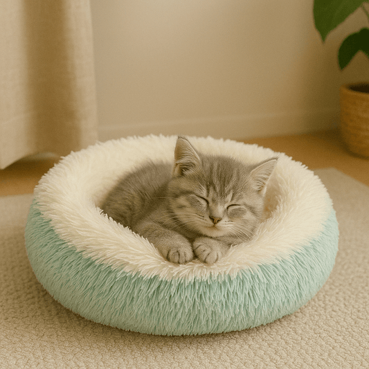 chaton gris dans coussin à chat rond turquoise doux