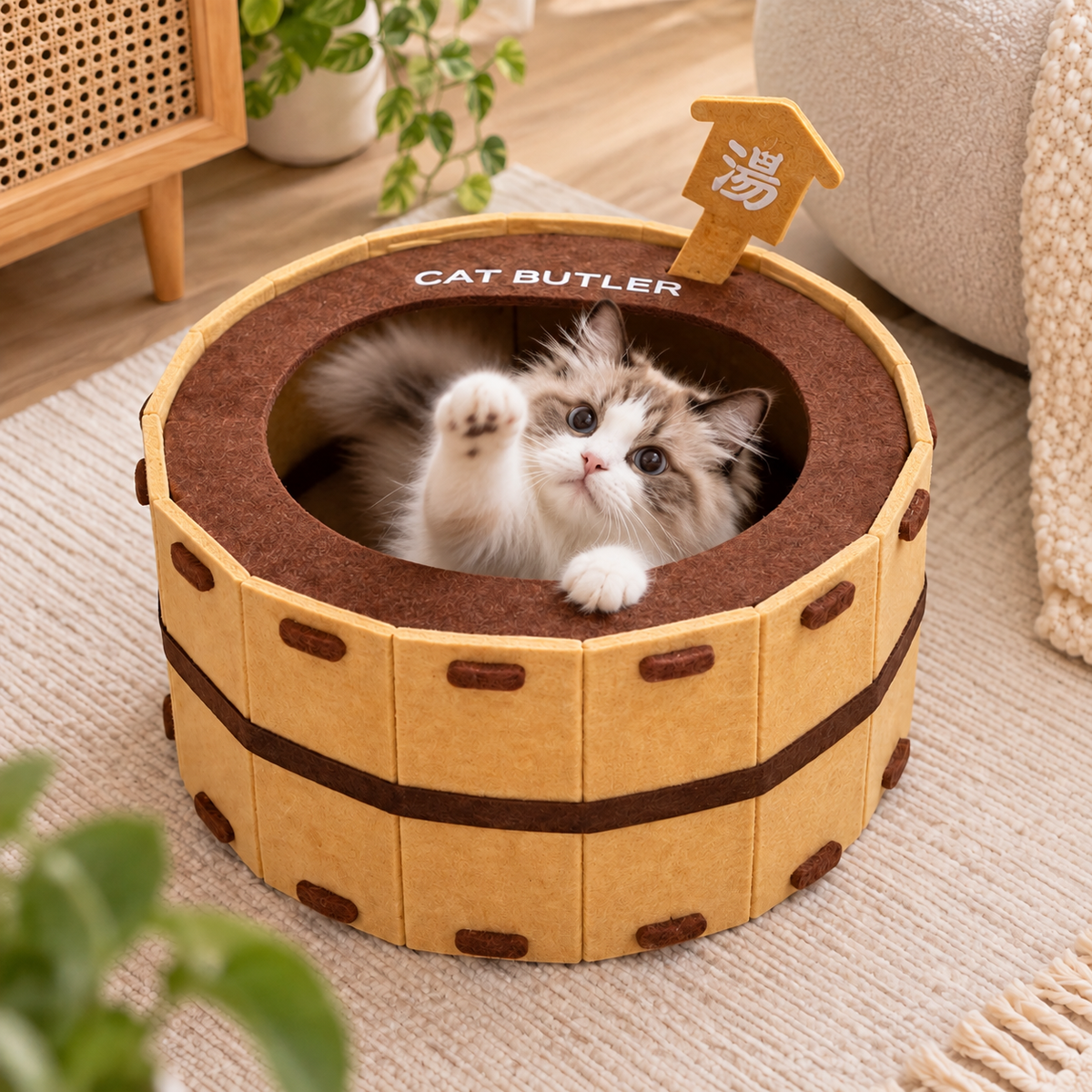 chaton jouant dans niche chat design bain japonais