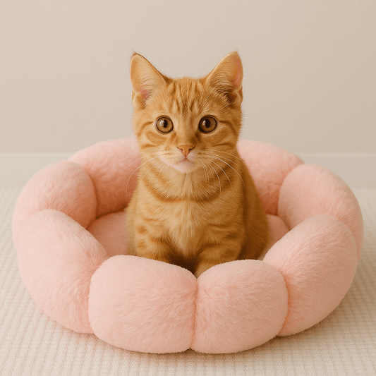 chaton orange dans coussin chat fleur doux rond rose