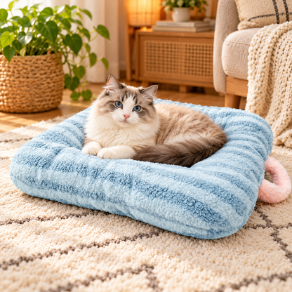 chaton sur coussin chat bleu confortable