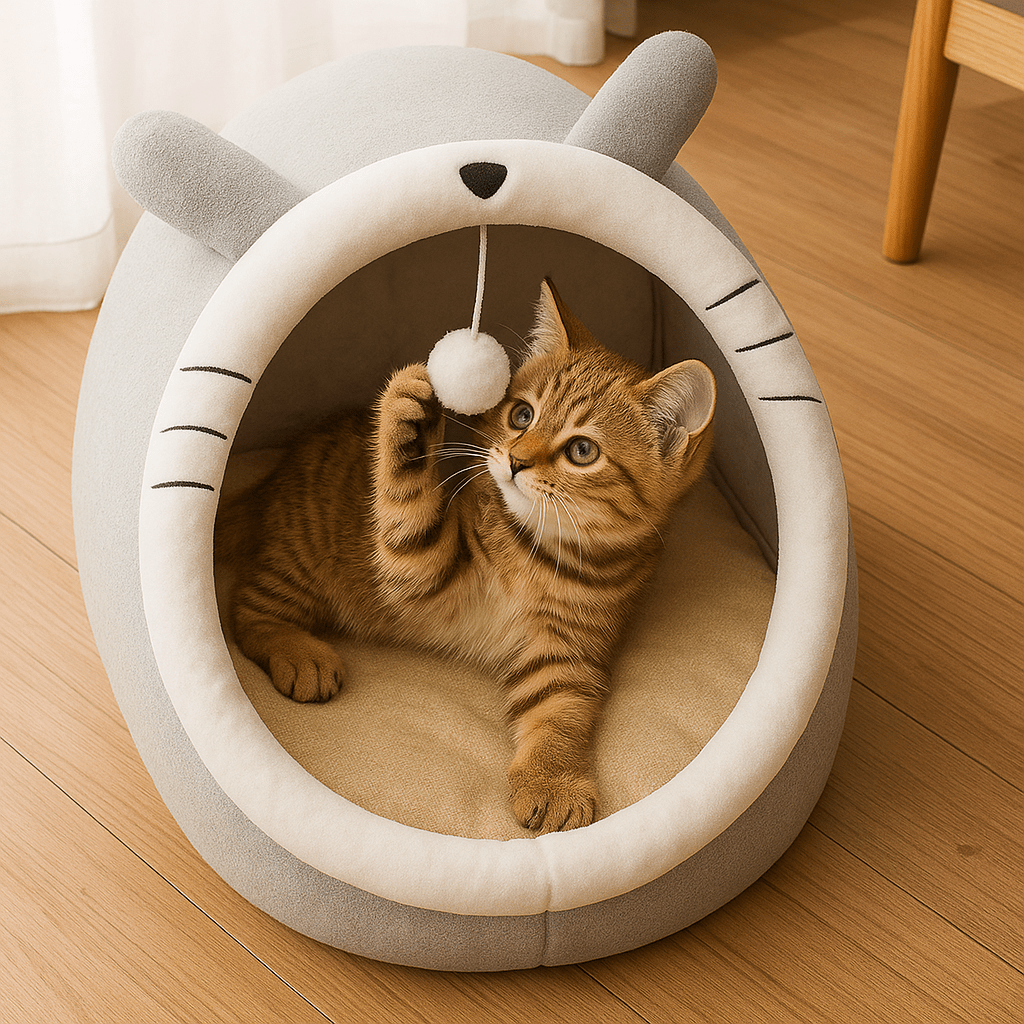 chaton tigre dans niche pour chat gris confortable design chat