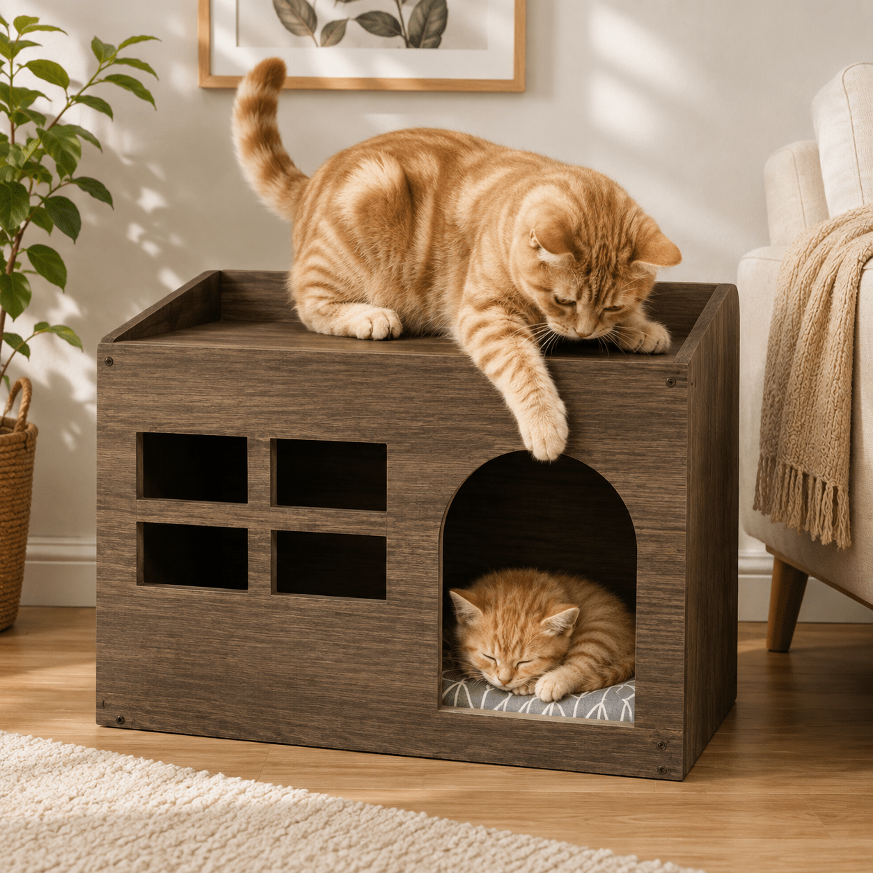 chats jouant dans niche pour chat confortable bois
