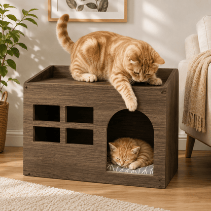 chats jouant dans niche pour chat confortable bois