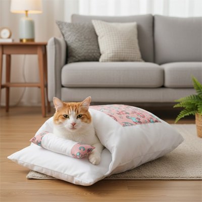 chatte beige allonger dans lit pour chat design confortable