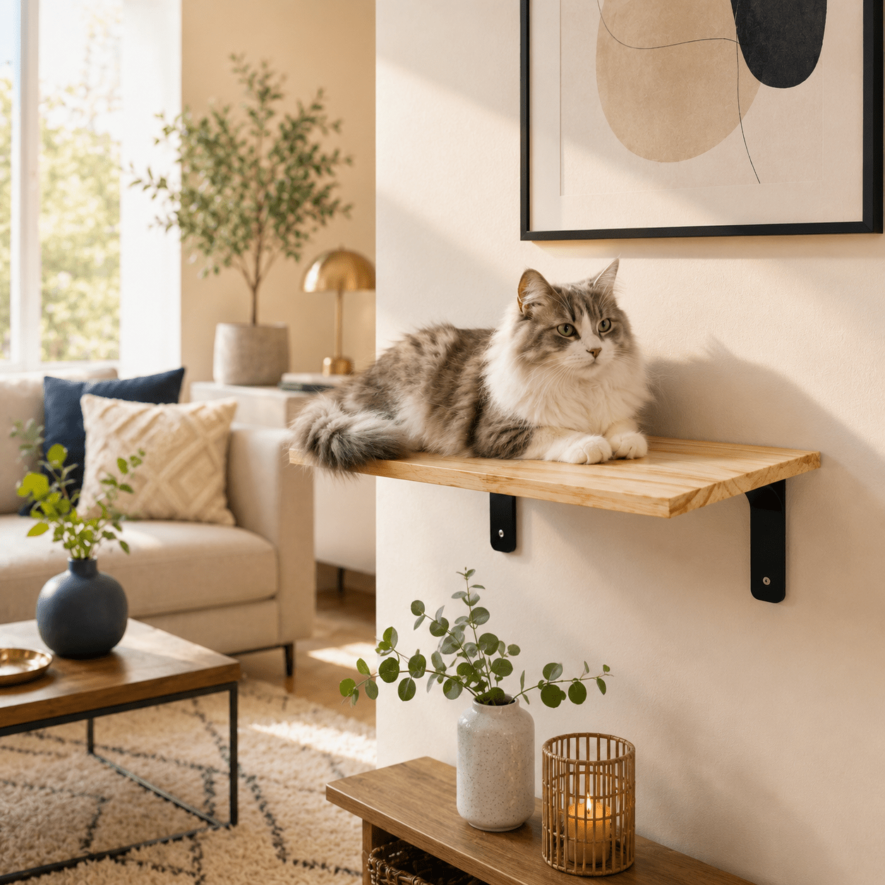 chatte beige sur tablette murale bois stable