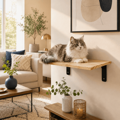 chatte beige sur tablette murale bois stable