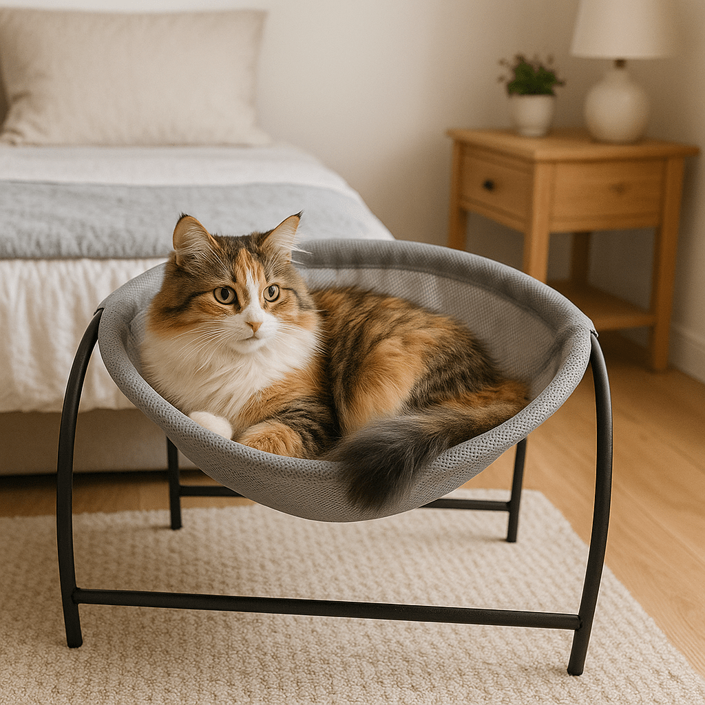 chatte installe dans hamac pour chat forme dome confortable gris