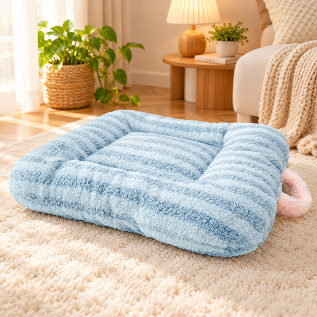 coussin chat bleu peluche douce confortable
