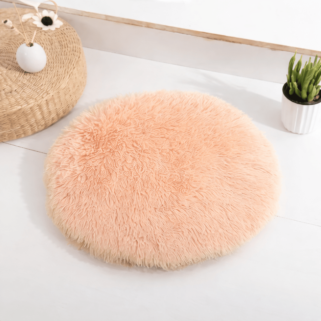 coussin chat rond doux beige