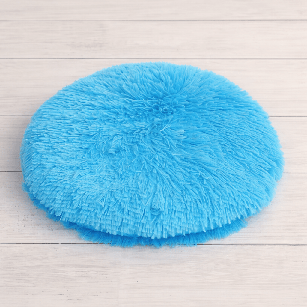 coussin chat rond doux bleu