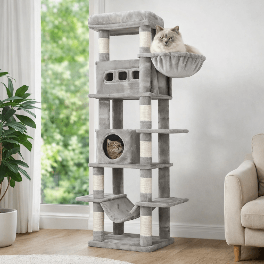 deux chats allonges sur arbre à chat xxl robuste