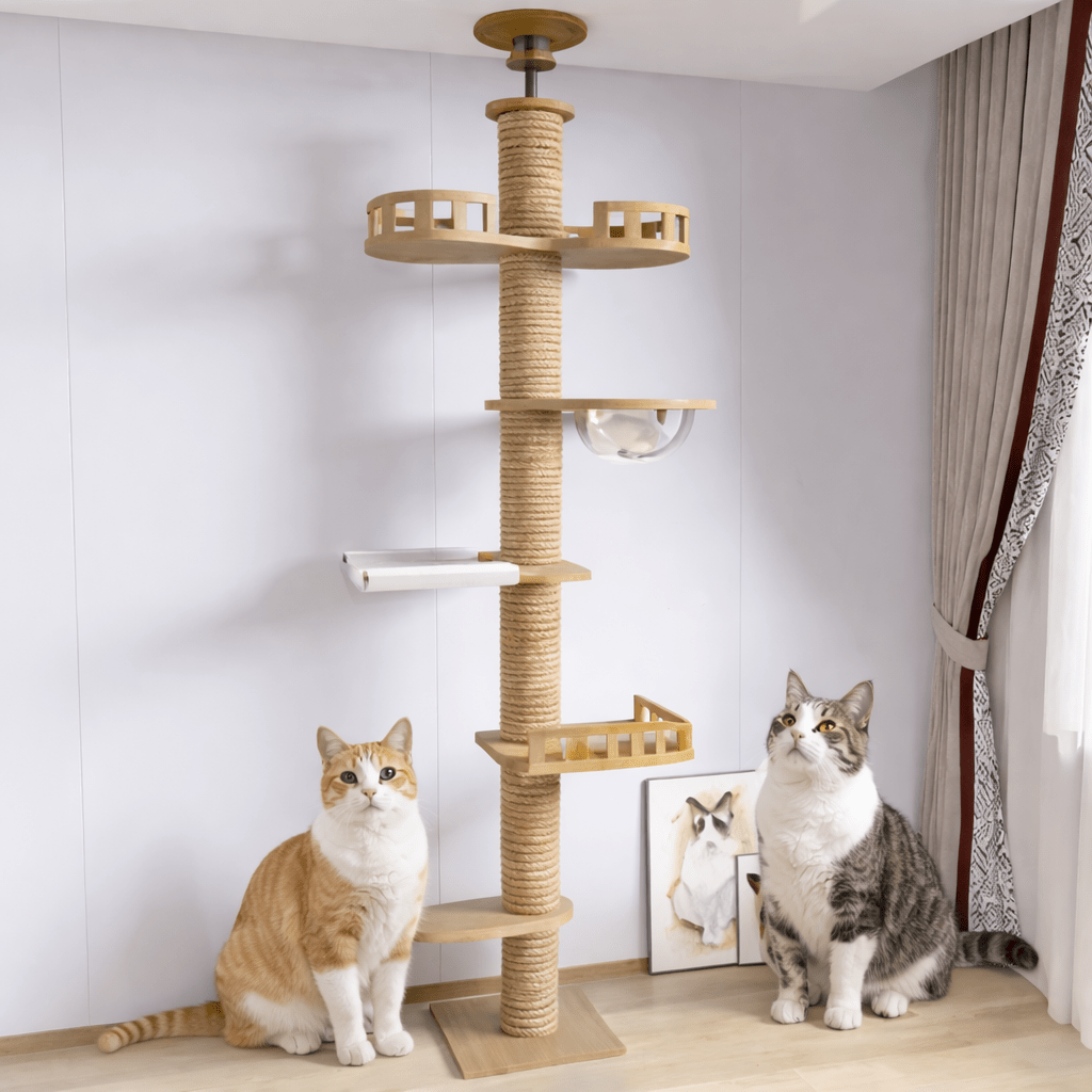 deux chats assis devant arbre a chat en bois minimaliste