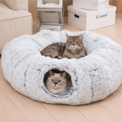 deux chats couches dans niche chat tunnel gris doux confortable