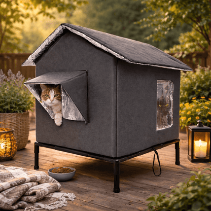 deux chats dans maison chat exterieur elevee isolee grise