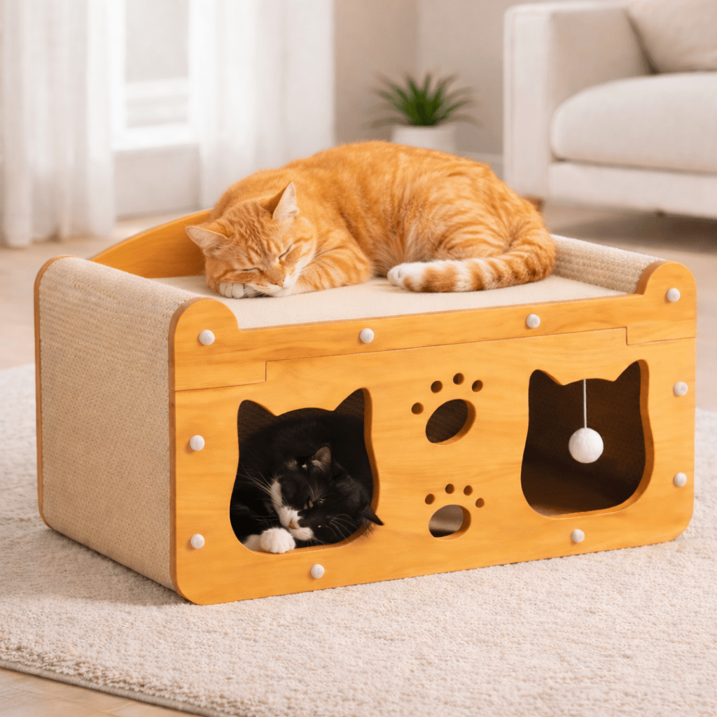 deux chats dans maisonnette bois chat deux niveaux confortable amusante