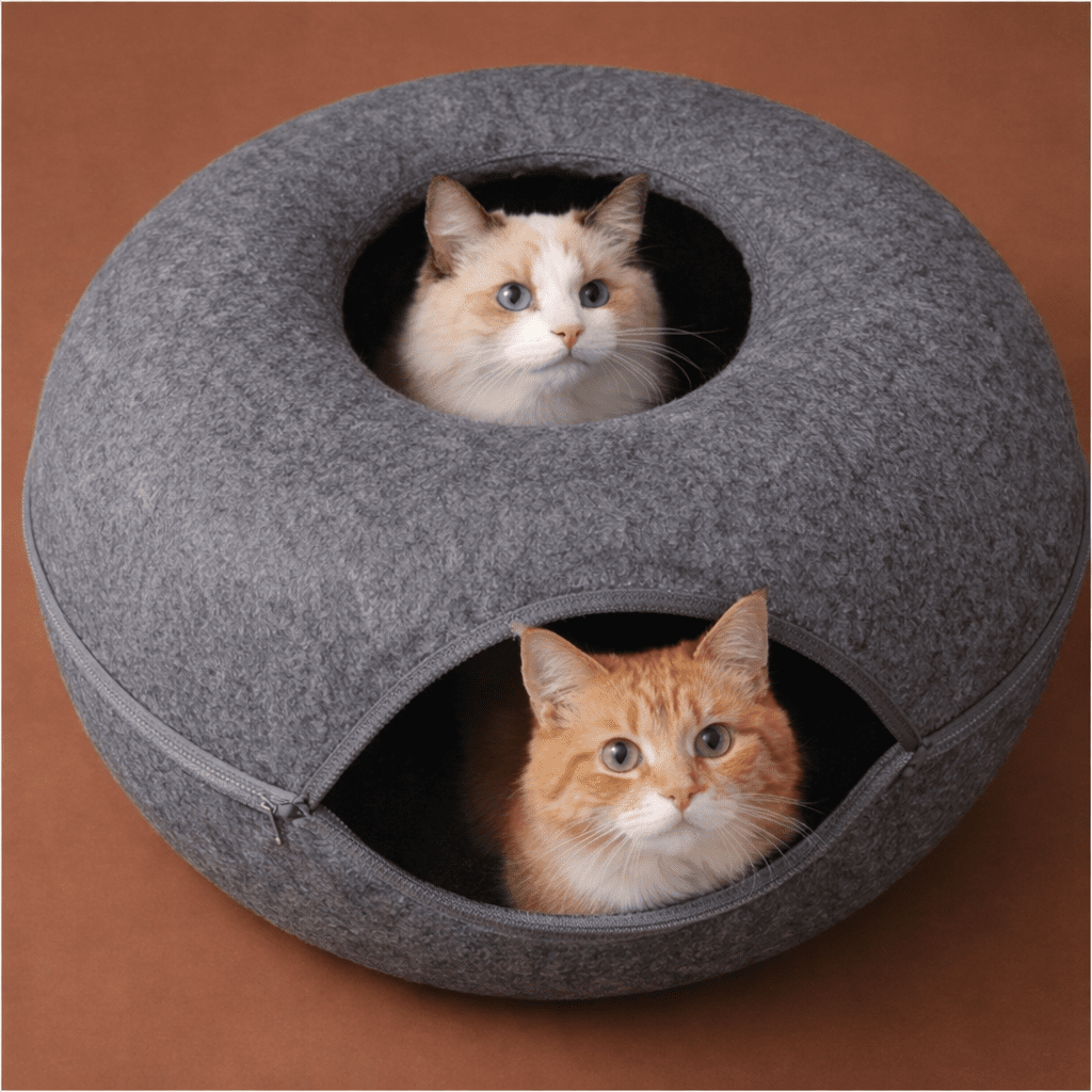 deux chats dans niche chat beignet feutre confortable gris