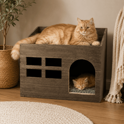 deux chats dans niche pour chat confortable bois
