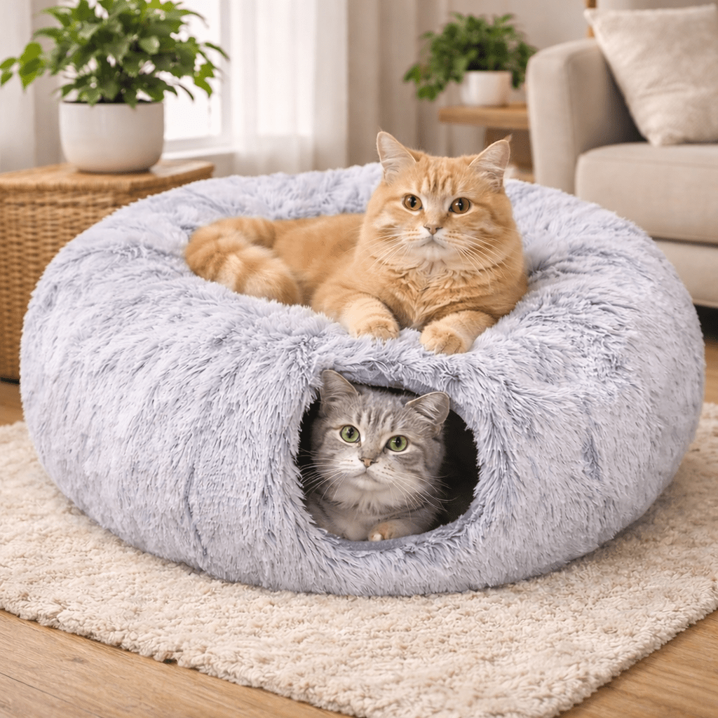 deux chats detendus dans niche chat tunnel gris doux confortable