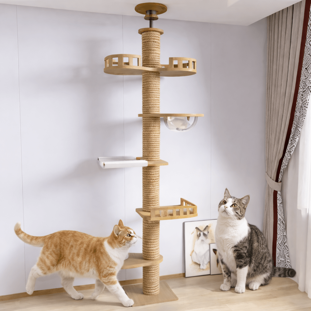 deux chats devant arbre a chat en bois reglable minimaliste