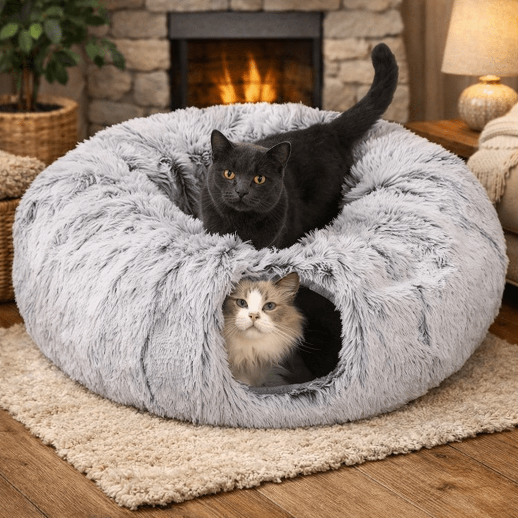 deux chats jouant dans niche chat tunnel gris doux confortable
