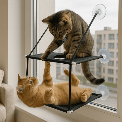 deux chats sur hamac chat fenetre double etage noir confortable