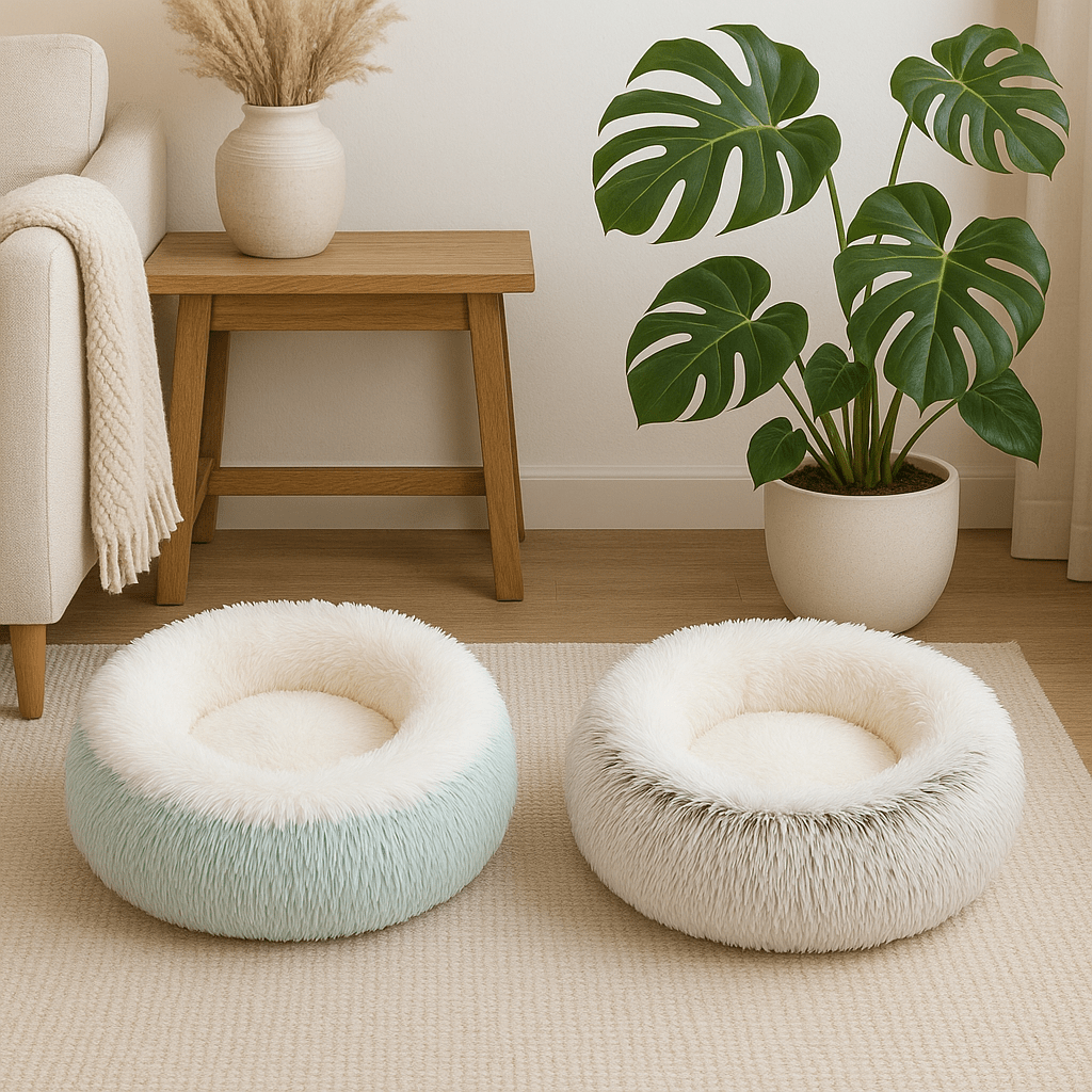 deux coussin à chat rond brun turquoise doux