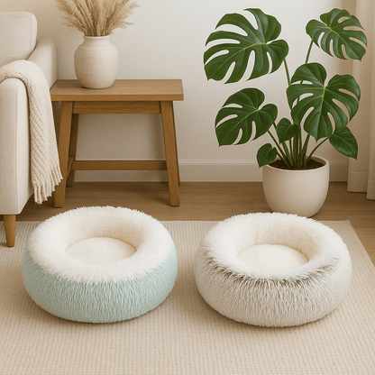 deux coussin à chat rond brun turquoise doux