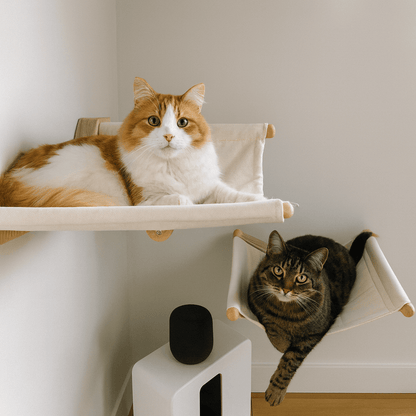 deux felins allonges dans hamac chat mural confortable en bois